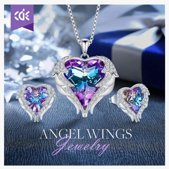 NWOT Angel Wings Heart Pendant Necklace and Earrings - Picture 2 of 9